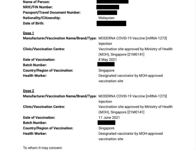 新加坡接种疫苗的旅行证书