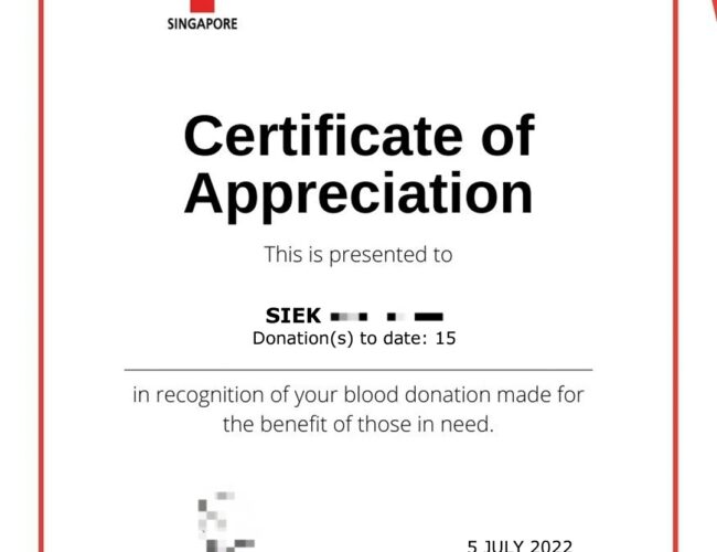 新加坡捐血拿感谢状